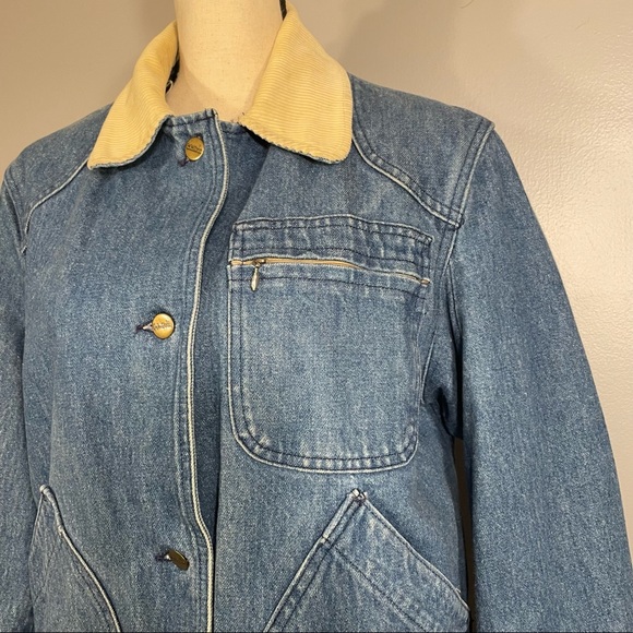 Vintage L.L. Bean Red Wool Blend Lined Corduroy Trim Heavy Denim Barn Coat Sz M - Picture 3 of 16